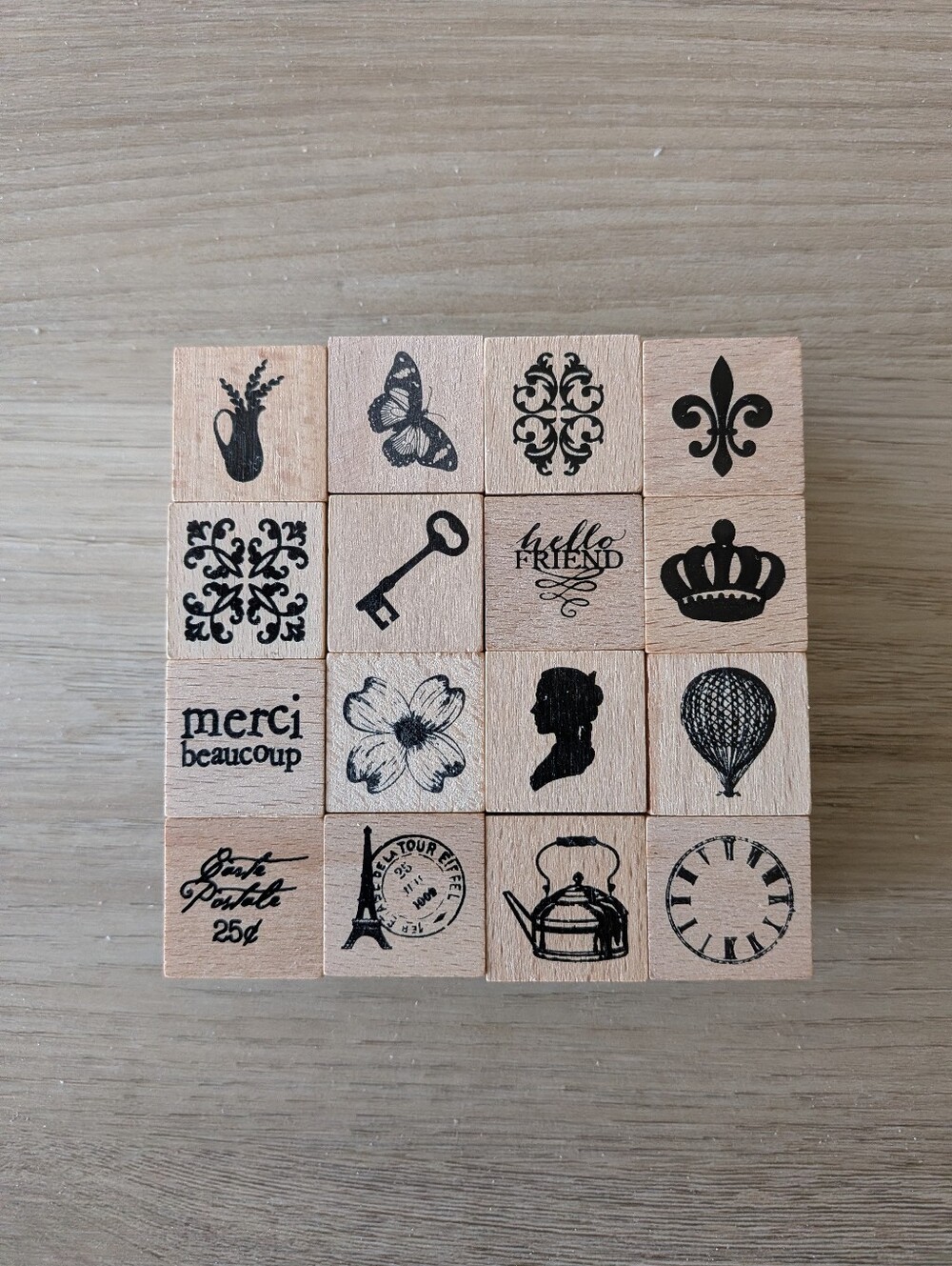 Wooden Rubber Stamp Set Lot Of 16